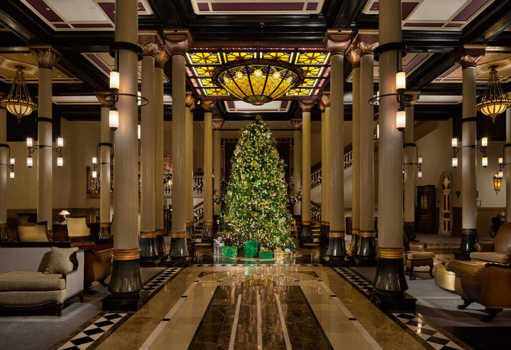 Driskill Hotel lobby at Christmas