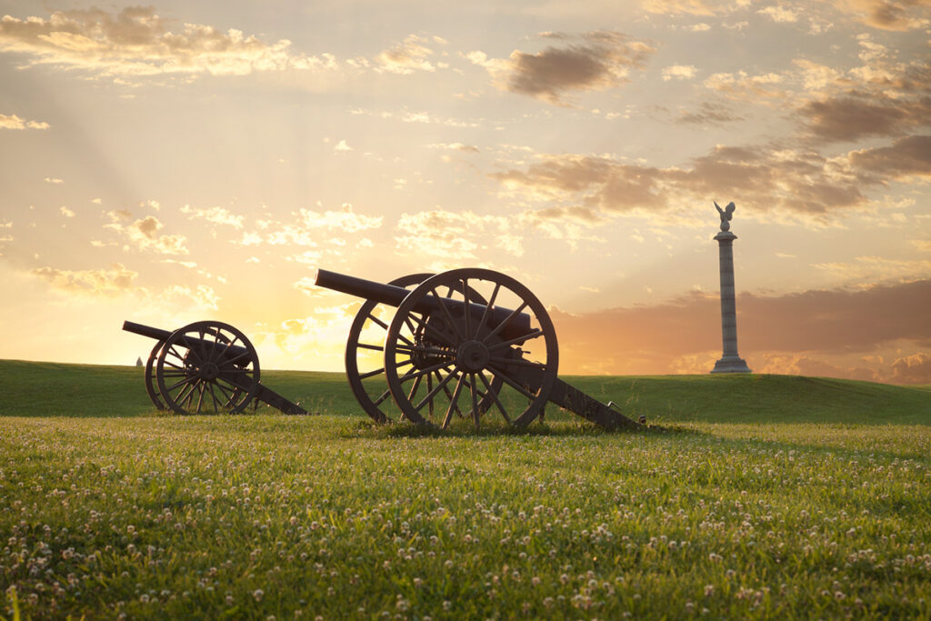 Canons at Antietam National Battlefield at sunrise