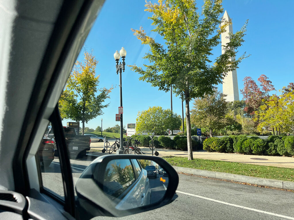 Looking out car window to Washington Monument