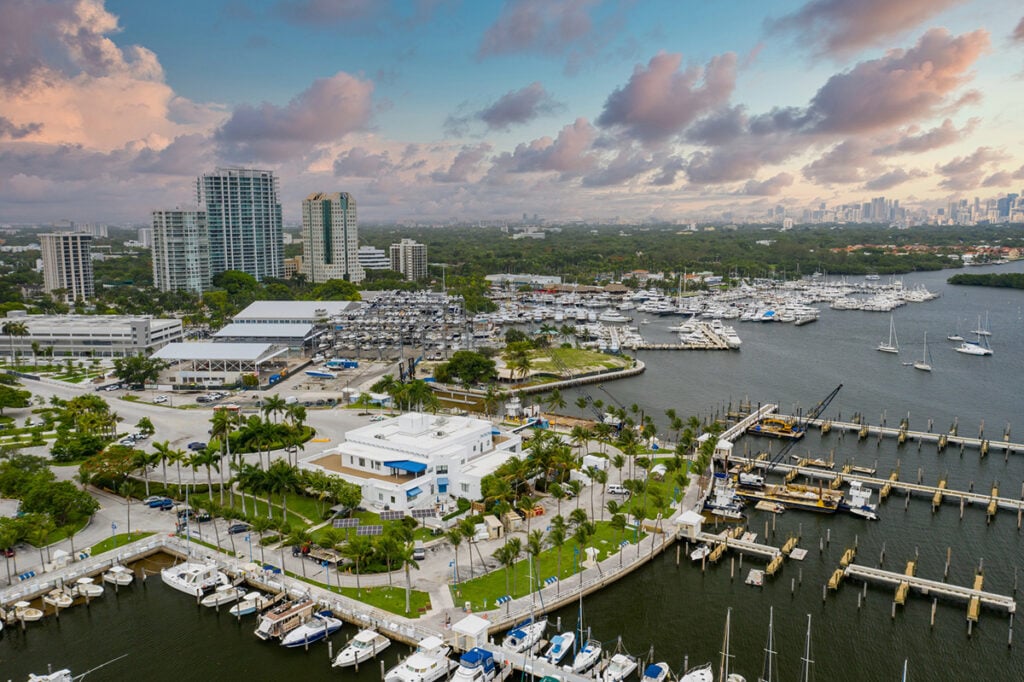 Aerial pic of Coconut Grove with boats at marina