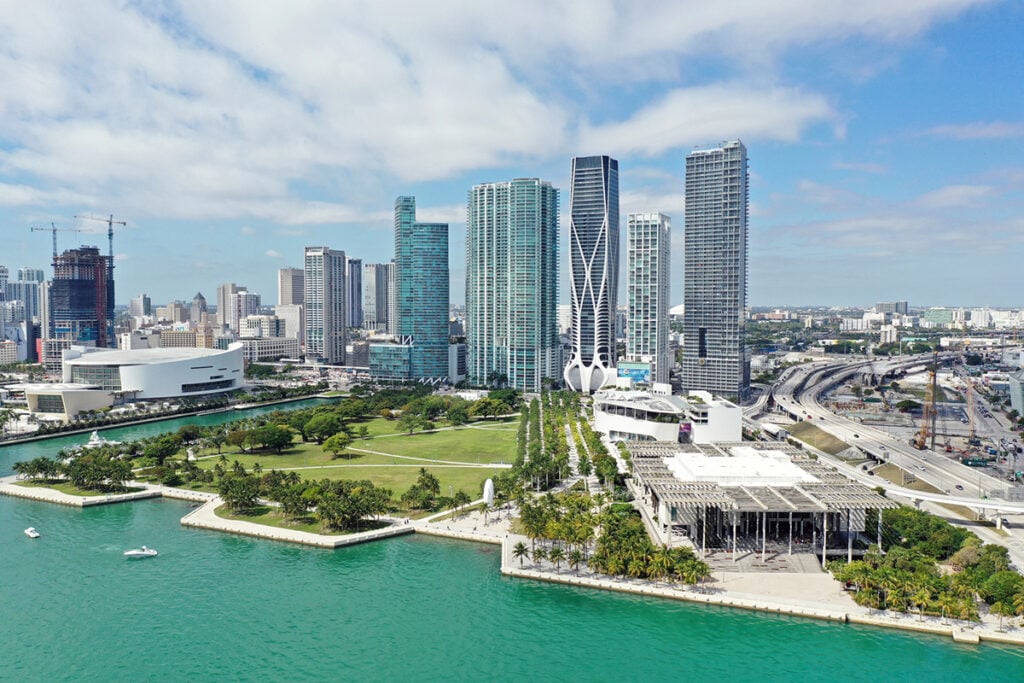 Perez Art Museum, right on the waterfront, dwarfed by skyscrapers behind